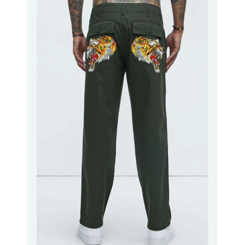 Ed Hardy Men's Screaming Tiger Straight Pants Utility Y2K Olive Size 32 NEW‎